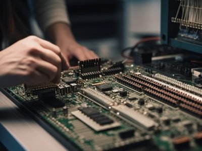 Technician soldering computer chip on motherboard with selective focus generated by artificial intelligence